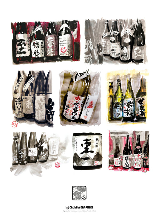 Affiche-Callilygraphies-Bouteilles-de-sake