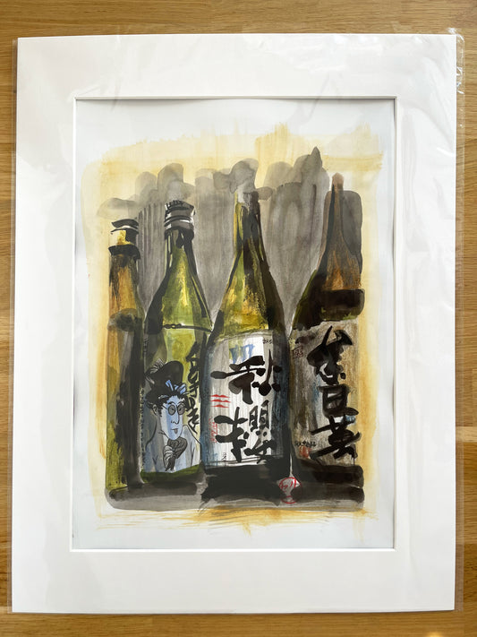 4 Bouteilles de saké avec personnage qui tire la langue - Œuvre originale