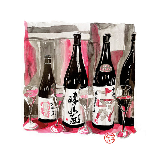 œuvre originale bouteilles et verres de saké