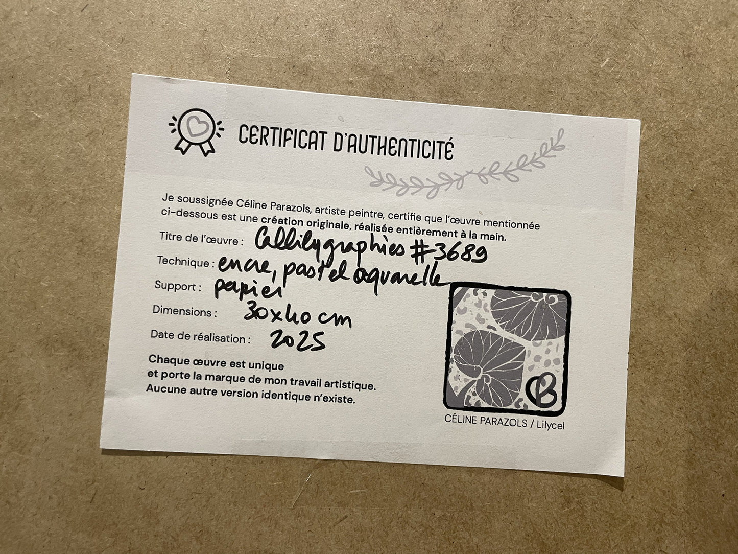 certificat d'autenthicité œuvre aquarelle et encre