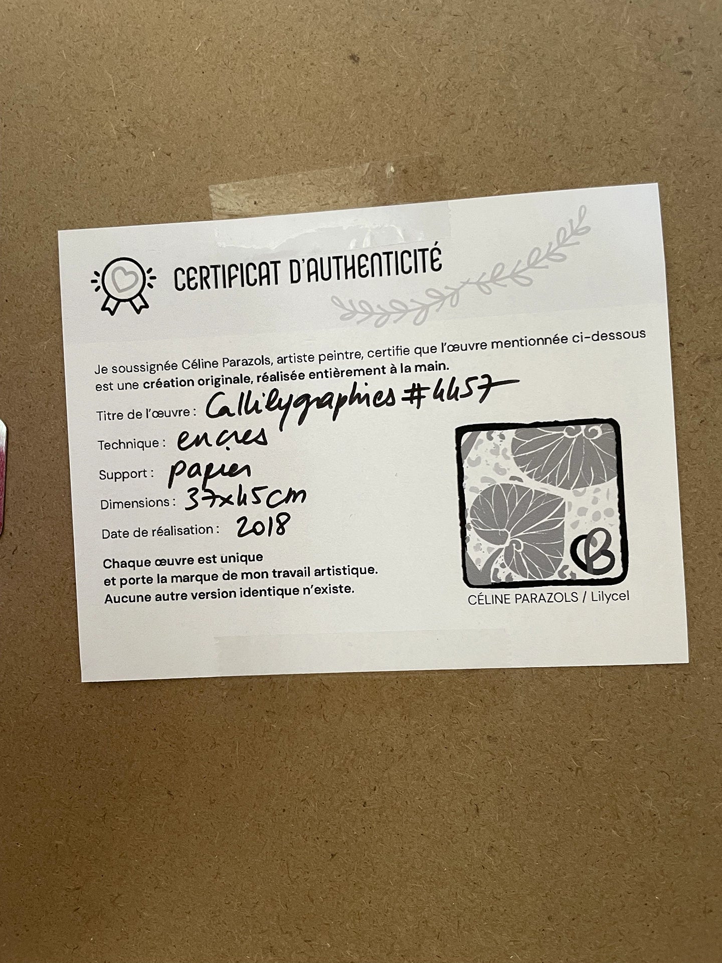 Certificat d'authenticité 4 bouteilles de saké lavis œuvre originale