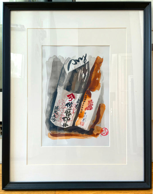 2 bouteilles de saké inclinées - Œuvre originale