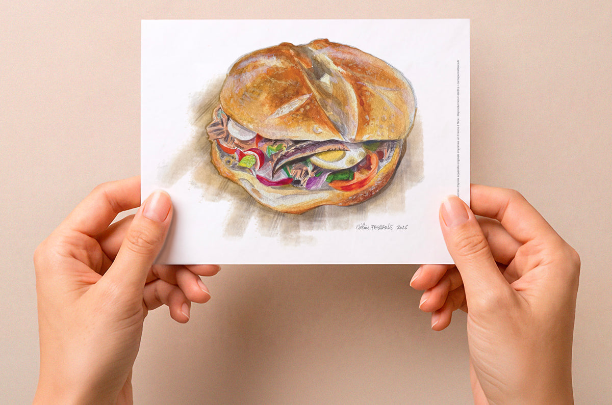 ニース風料理の水彩画 「ルー・パン・バニャ」