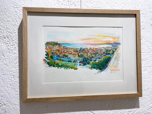 Œuvre originale aquarelle Nice - Panorama vue de l'Hôtel Aston