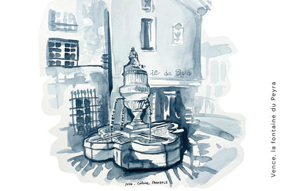 Carte-Postale-Vence-la-fontaine-du-Peyra-nb_150x100mm lavis