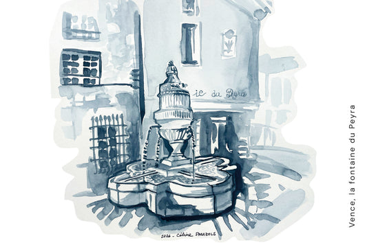 Carte-Postale-Vence-la-fontaine-du-Peyra-nb_150x100mm lavis