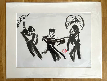 Œuvre originale " Danseuses japonaises avec éventails " - Studio Cartes Postales Nice