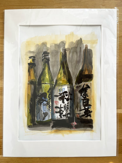 Œuvre originale " 4 Bouteilles de saké avec personnage qui tire la langue " - Studio Cartes Postales Nice