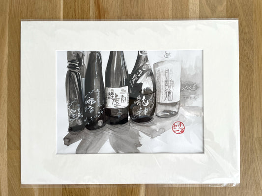 Bouteilles de saké encre lavis encadrée avec passe-partout