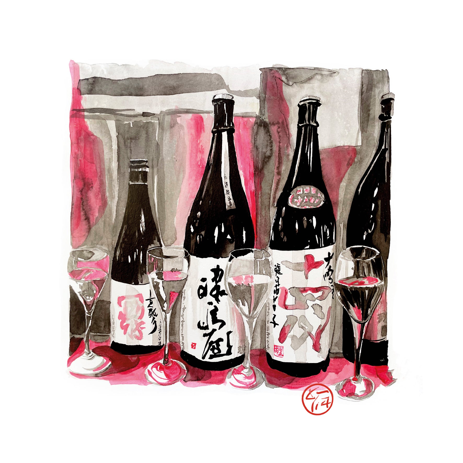 œuvre originale bouteilles et verres de saké
