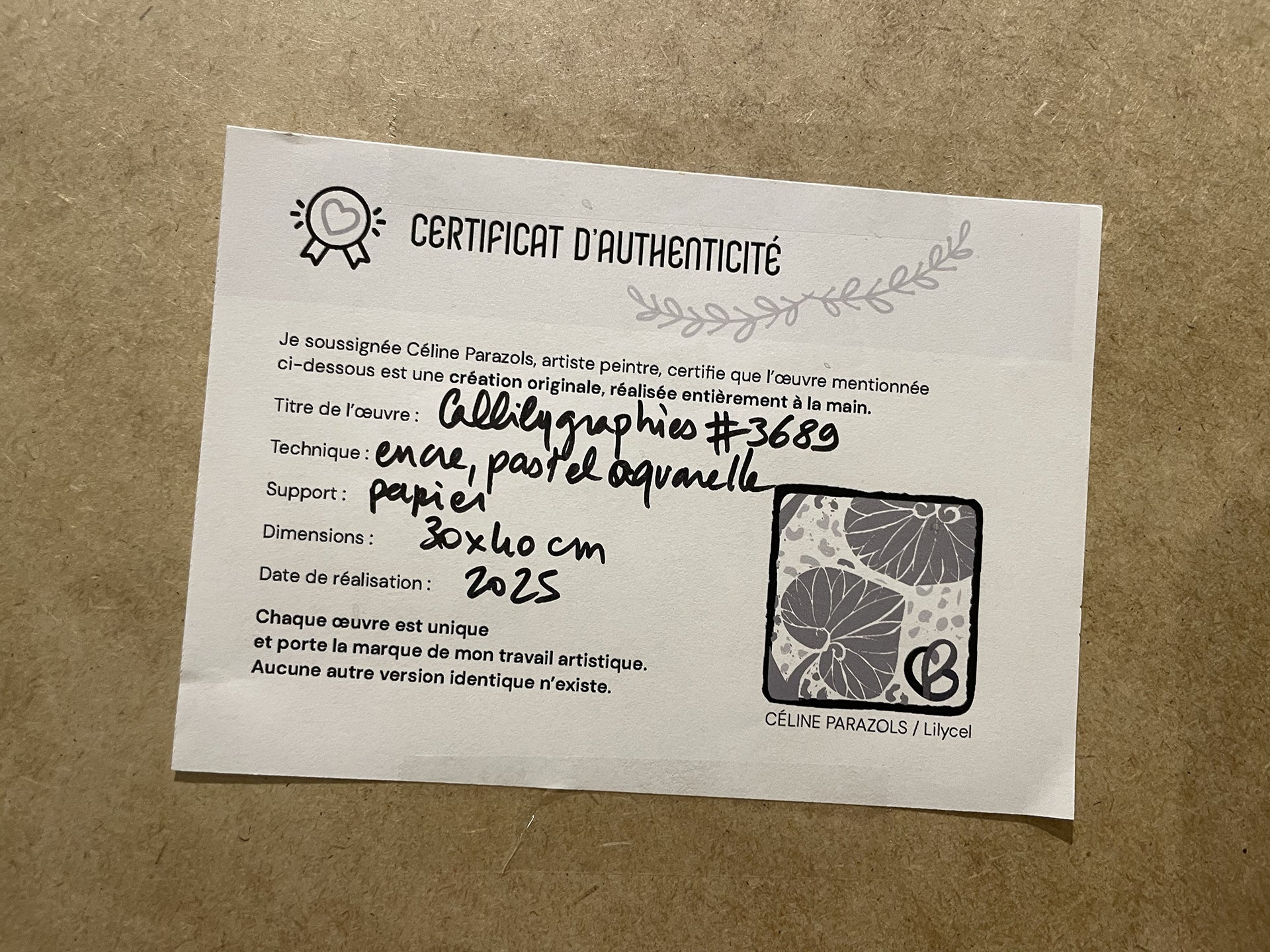 certificat d'autenthicité œuvre aquarelle et encre