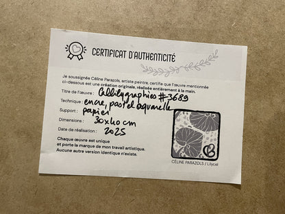 certificat d'autenthicité œuvre aquarelle et encre