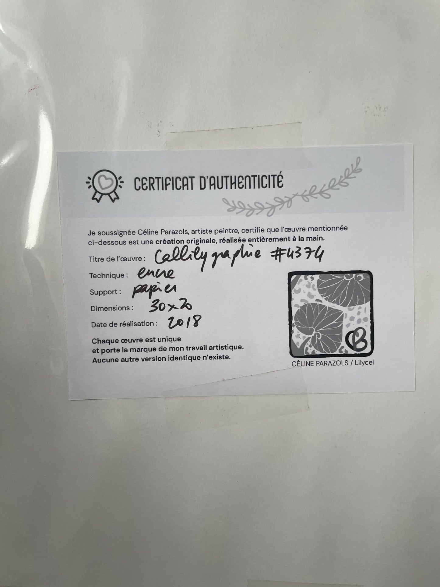 Certificat d'authenticité 
Bouteilles de saké encre lavis