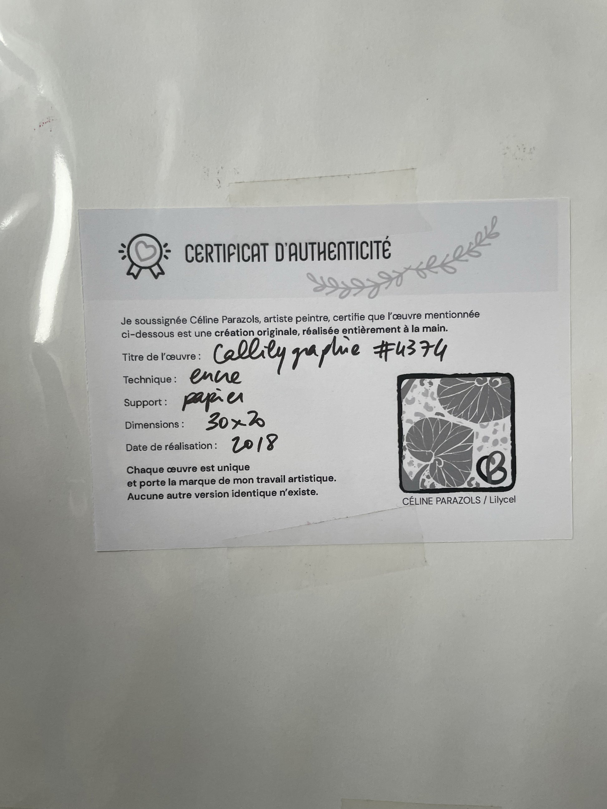 Certificat d'authenticité 
Bouteilles de saké encre lavis