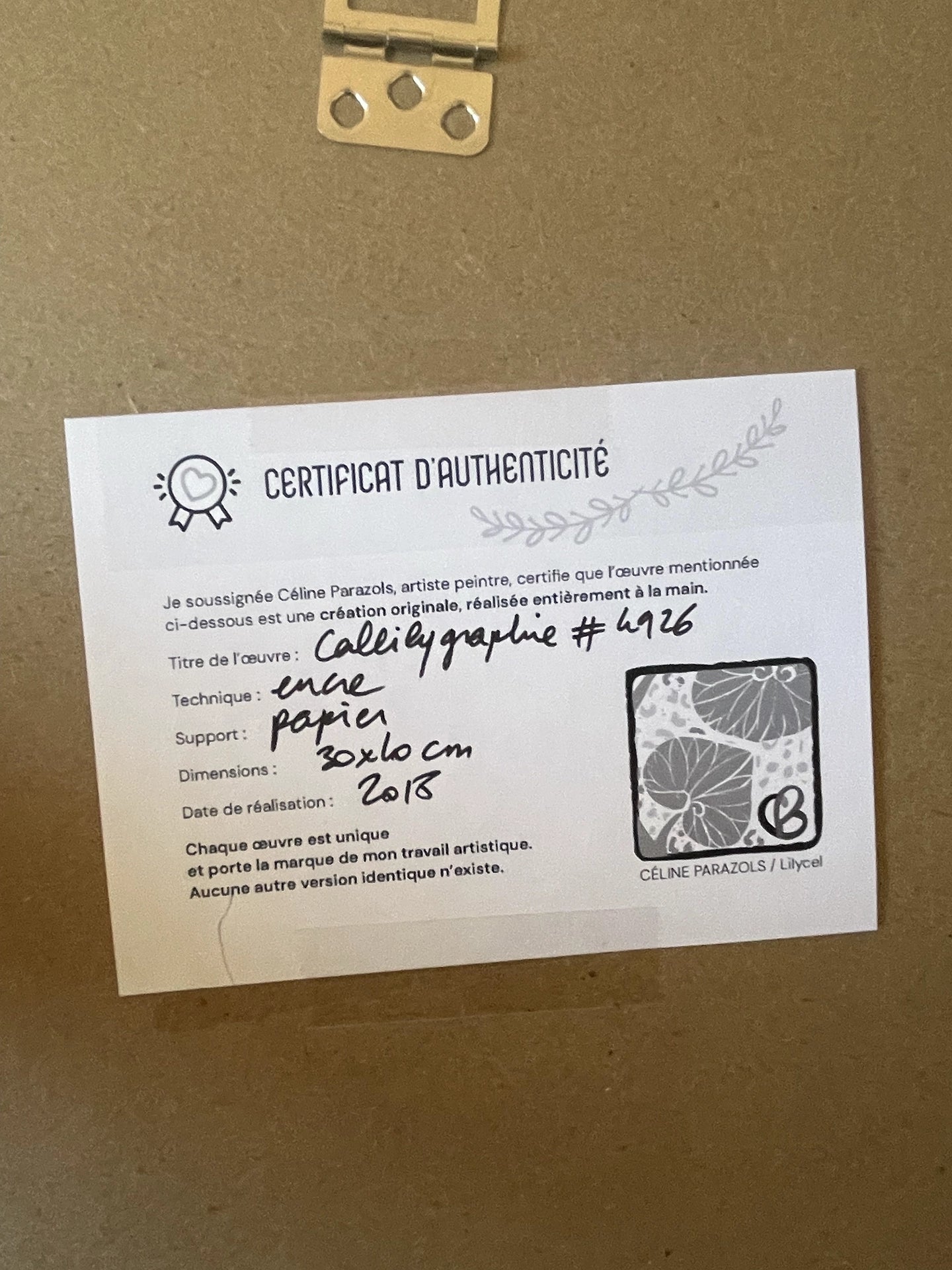 certificat d'authenticité de tableau