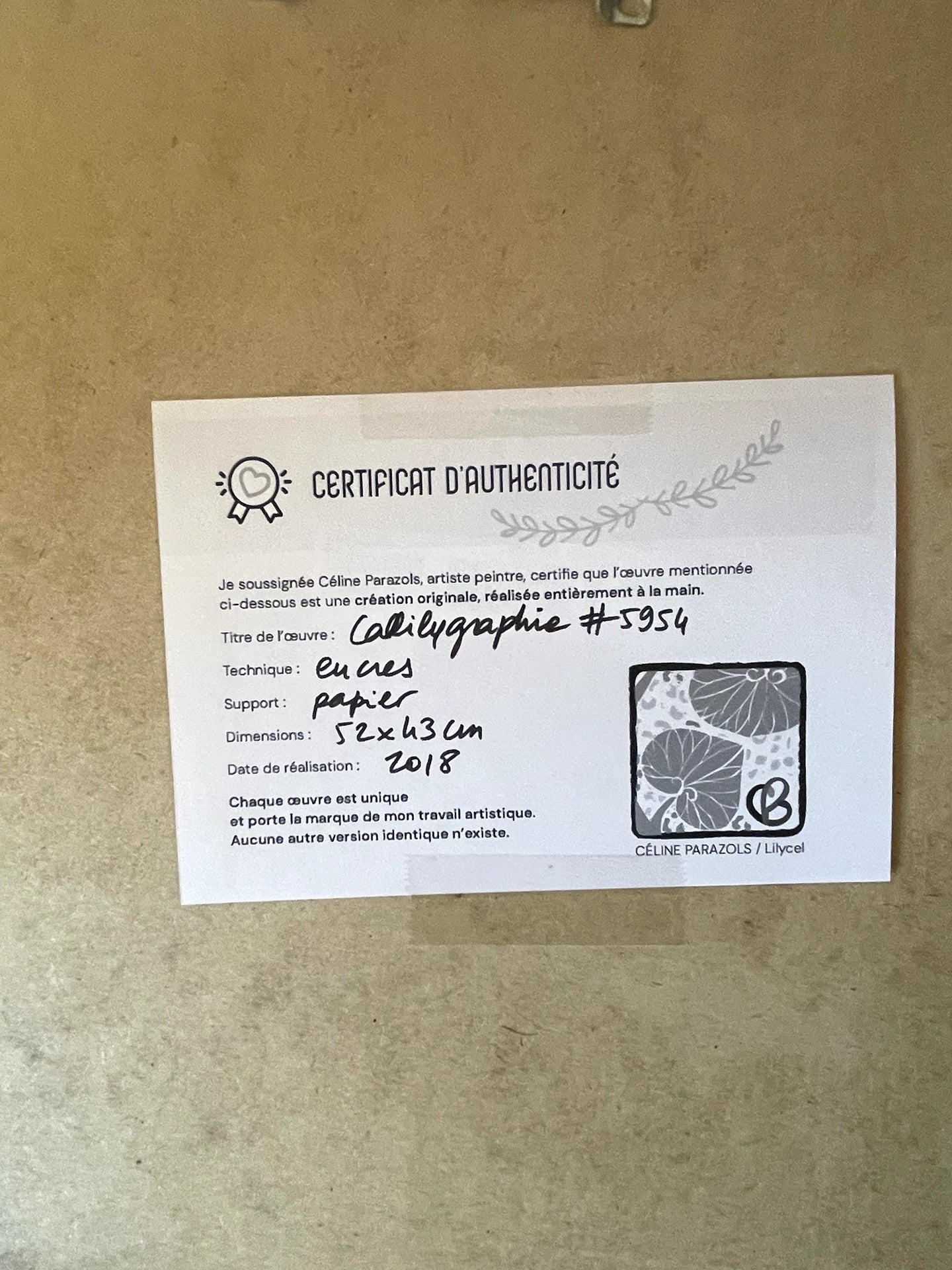 certificat d'authenticité encadrement Bouteilles de saké