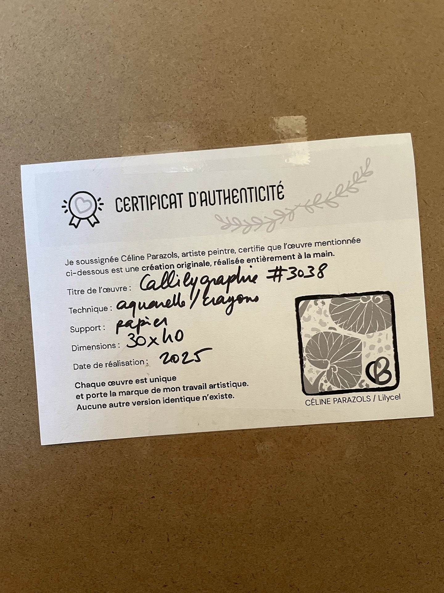 Certificat authenticité aquarelle kappabashi