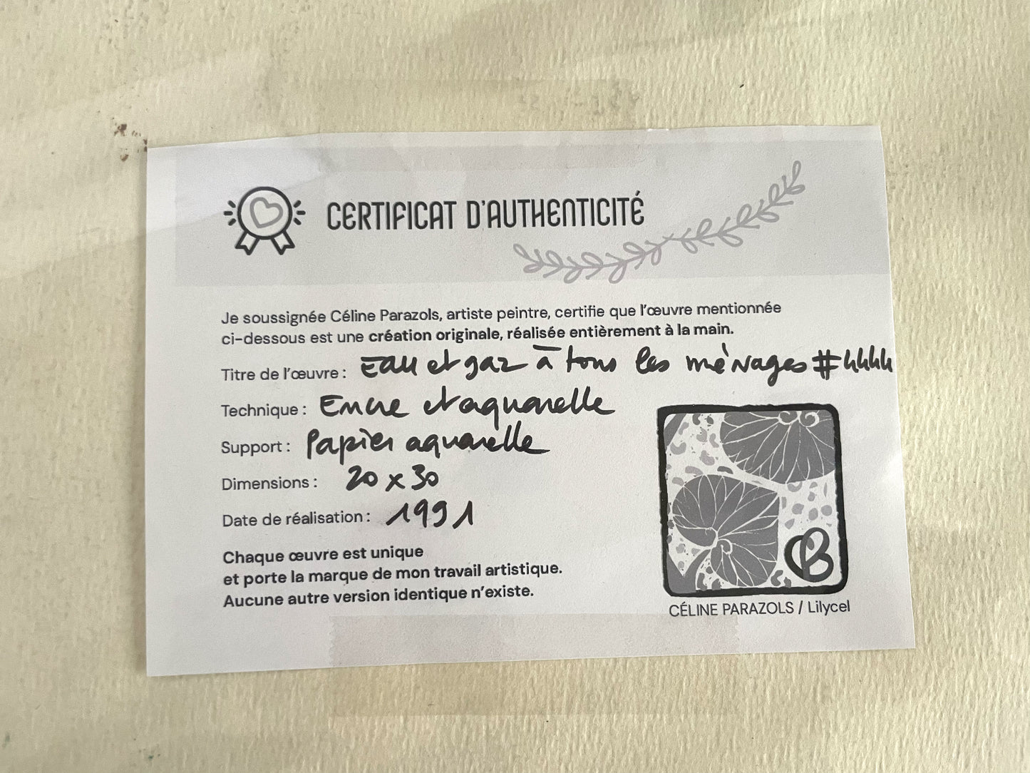 Certificat d'authenticité Illustration Eau et Gaz a tous les ménages 