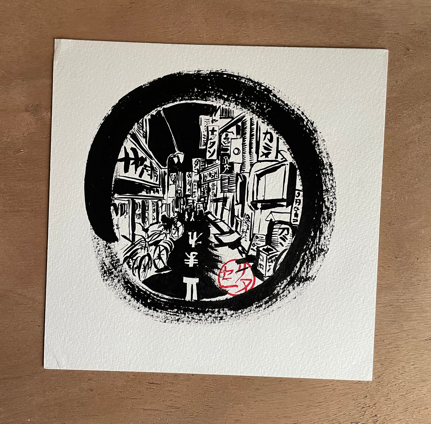 Encre originale Hublo 6 - Perspective, les vélos et enseignes à Shibuya