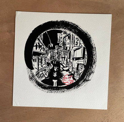 Encre originale Hublo 6 - Perspective, les vélos et enseignes à Shibuya