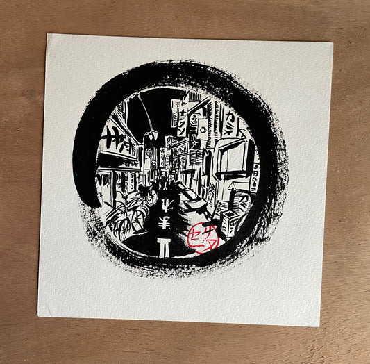 Encre originale Hublo 6 - Perspective, les vélos et enseignes à Shibuya