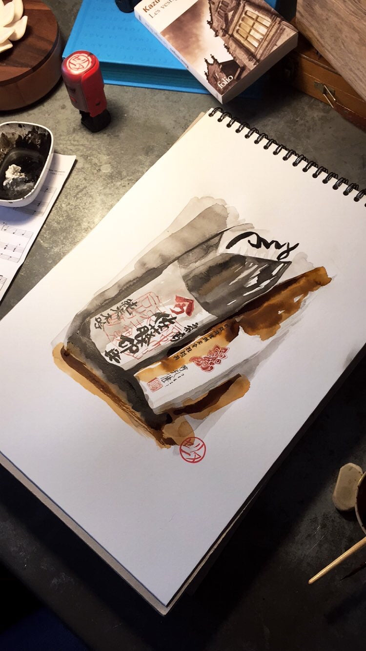 2 bouteilles de saké inclinées - Œuvre originale