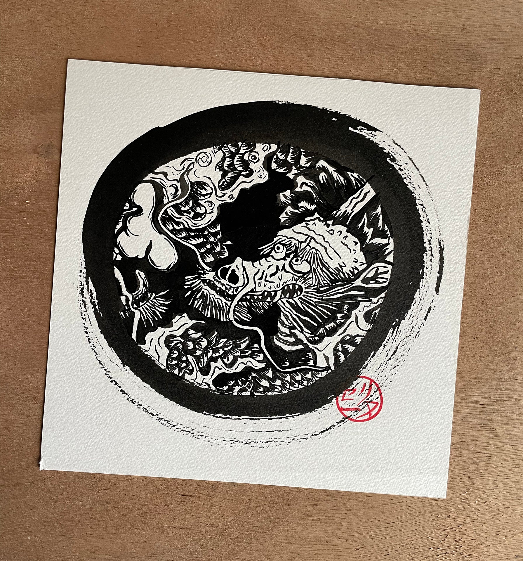 Illustration encre Le Grand Dragon tapisse le plafond du temple Kennin-ji à Kyoto