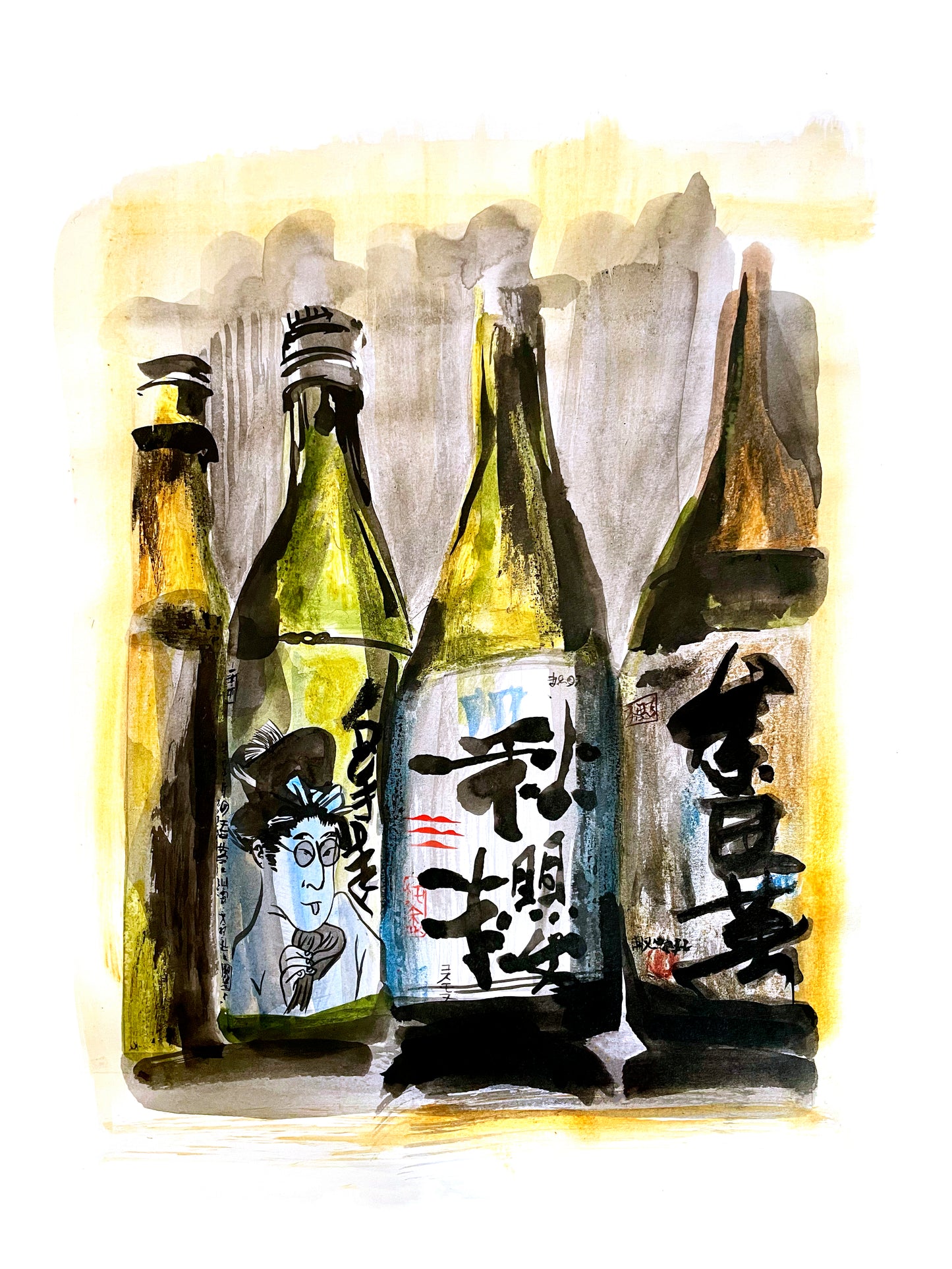 4 Bouteilles de saké avec personnage qui tire la langue