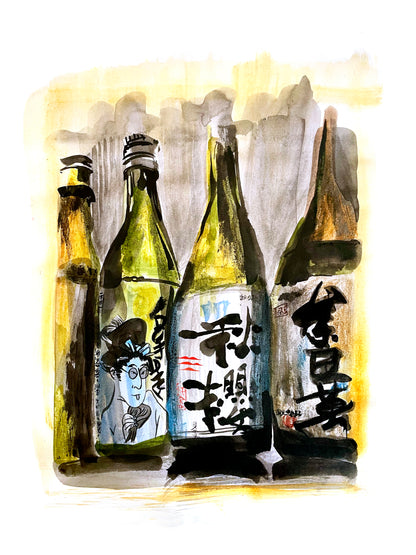Carte postale " 4 Bouteilles de saké avec personnage qui tire la langue " - Studio Cartes Postales Nice